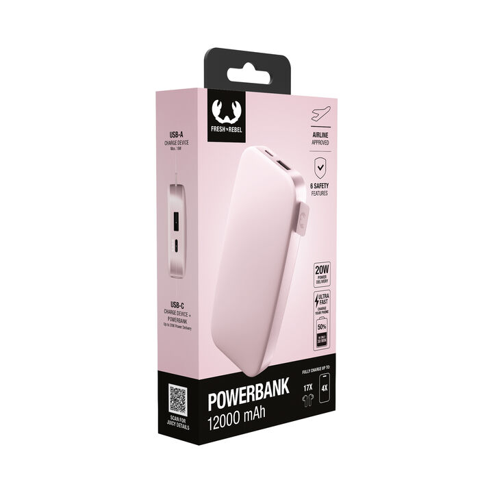 La Fresh n Rebel Powerbank 12000 mAh es una bater&iacute;a externa compacta y potente con carga r&aacute;pida de 20W Power Delivery. Con capacidad para cargar un smartphone varias veces, es ideal para el d&iacute;a a d&iacute;a, viajes o situaciones sin acceso a enchufes.