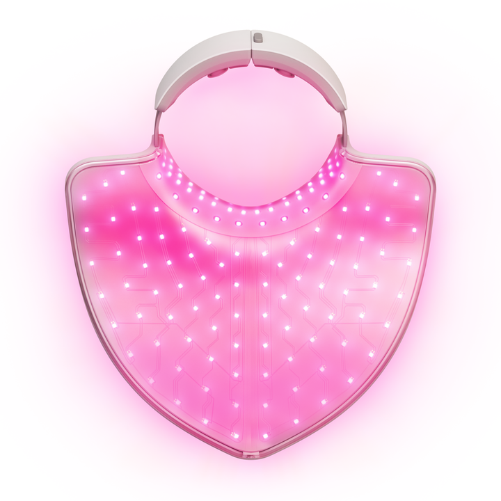 Dispositivo de fototerapia LED para el cuidado de la piel del cuello, escote y mand&iacute;bula. Utiliza luz roja e infrarroja, adem&aacute;s de incorporar masaje por vibraci&oacute;n y calor en el cuello.