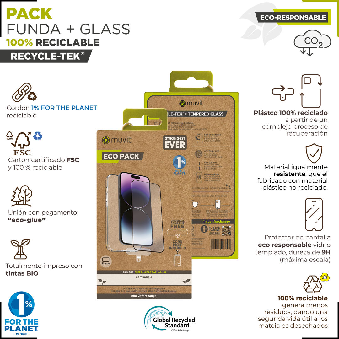 La protecci&oacute;n del medio ambiente es, hoy en d&iacute;a, una preocupaci&oacute;n en todo momento, junto a la preocupaci&oacute;n de proteger nuestro Smartphone. Con las fundas recycletek de muvit for change, proponemos una gama de fundas reciclables, fabricadas con fundas usadas y viejas. Una manera responsable de proteger nuestro smartphone. Porque contribuir en la lucha contra la contaminaci&oacute;n y proteger nuestro eco sistema, debe formar parte de nuestros gestos cotidianos.