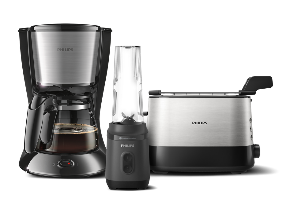 Pack Philips desayuno con mini batidora, cafetera de filtro y tostador de doble ranura. Prepara batidos, caf&eacute; y tostadas de forma r&aacute;pida y c&oacute;moda con dise&ntilde;o elegante, gran capacidad y funciones pr&aacute;cticas para el d&iacute;a a d&iacute;a.