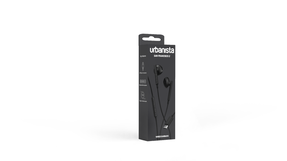 Los auriculares San Francisco 2 Midnight Black son unos auriculares con cable dise&ntilde;ados para disfrutar de un sonido claro y equilibrado en cualquier momento. Incorporan un conector USB Tipo-C compatible con smartphones, tablets y ordenadores port&aacute;tiles, un resistente cable de tela trenzada antienredos, micr&oacute;fono integrado y control remoto de tres botones para gestionar llamadas y m&uacute;sica de forma c&oacute;moda. Su dise&ntilde;o Open-Fit ofrece un ajuste ligero y confortable, ideal para el uso diario.