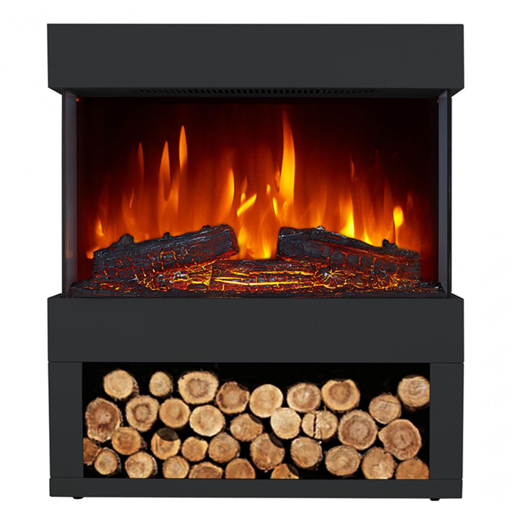 Estufa el&eacute;ctrica de suelo. Incluye tubo de humos decorativo. Efecto de llamas LED independiente del calefactor. Efecto le&ntilde;os. Dos potencias. Termostato ajustable. Espacio inferior para le&ntilde;a decorativa.