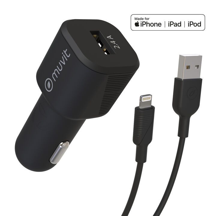 &iexcl;Carga y transfiere datos entre tus dispositivos y contribuye a cuidar el planeta! 

Pack muvit for Change que incluye un cargador de coche de un elegante dise&ntilde;o patentado. Est&aacute; fabricado con material reciclado y pensado en 3 piezas para facilitar su reciclaje al final de su vida &uacute;til. Dispone de 1 puerto USB A de 2.4A 12W de potencia m&aacute;s un cable para carga y transferencia de datos con conector&nbsp;Lightning 2.4A, 1,2m de longitud, en color negro y 100% reciclable. 

En muvit for change nos comprometemos a donar el 1% de los ingresos para el planeta*.