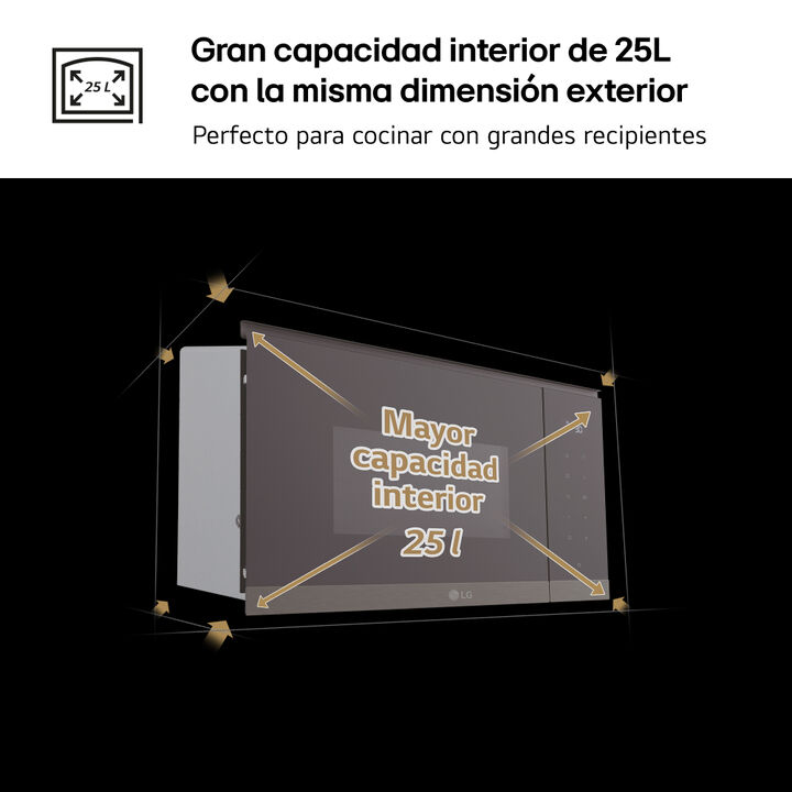 Microondas integrable de 25 litros con grill, 900 W, interior EasyClean, panel t&aacute;ctil y 8 men&uacute;s autom&aacute;ticos. Dise&ntilde;o en cristal negro y acero negro.