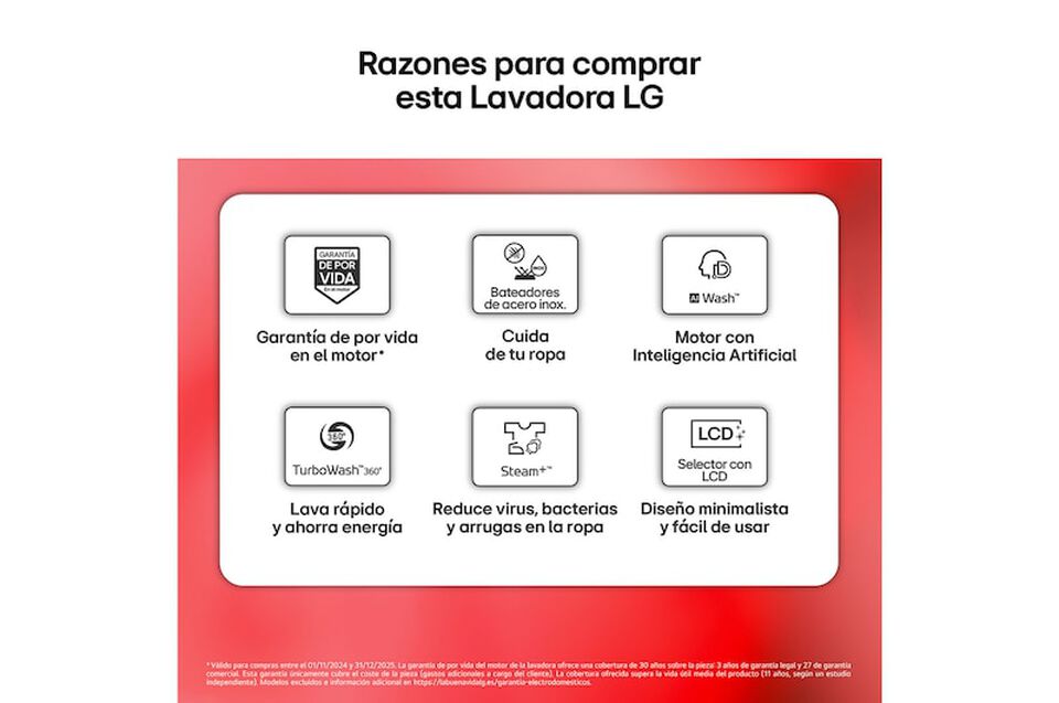 Lavadora LG 9 kg con AI Direct Drive y TurboWash 360&deg;, 1400 rpm, conectividad ThinQ, alta eficiencia (&minus;60% vs A), color blanco.