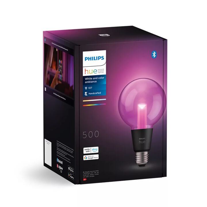 Bombilla Globo G95 E27 Philips Hue White & Color & Bluetooth.

LED integrado.

Bridge NO incluido.

Dimmer Switch NO incluido.

Controlable  por Wifi & Bluetooth.

Sopladas a mano y hechas de vidrio transparente, las bombillas Lightguide son una pieza llamativa. Los reflejos de su c&aacute;mara de aire y su revestimiento juegan entre s&iacute;, creando un efecto de luz &uacute;nico que complementa perfectamente su forma &uacute;nica de globo.