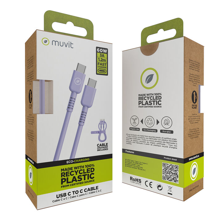 Carga y transfiere datos entre tus dispositivos con la nueva gama de cables y cargadores de muvit for change y contribuye a hacer del planeta un lugar mejor. 

Cable para carga y transferencia de datos con conector Tipo C a Tipo C, 3A transferencia r&aacute;pida,1.2m de longitud, en color lavanda, 100% reciclable y fabricado con materiales reciclados de origen certificado RCS - RECYCLED CLAIM STANDARD.&nbsp; 

En muvit for change nos comprometemos a donar el 1% de los ingresos para el planeta*.