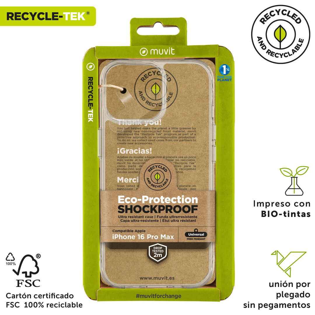 Al comprar un nuevo m&oacute;vil, nos entra la urgencia de protegerlo para evitar que se da&ntilde;e, por eso en muvit for change hemos creado esta funda Shockproof Recycletek que proteger nuestro smartphone de ara&ntilde;azos y ca&iacute;das de hasta 2M, hechas con materiales reciclados, contribuyendo as&iacute; a luchar contra la contaminaci&oacute;n y a proteger nuestro ecosistema. Adem&aacute;s, ahora cuenta con el certificado GRS (Global Recycle Standard) que garantiza que se utilizan materiales reciclados.