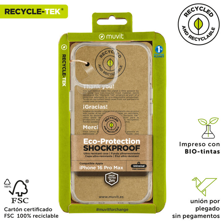 Al comprar un nuevo m&oacute;vil, nos entra la urgencia de protegerlo para evitar que se da&ntilde;e, por eso en muvit for change hemos creado esta funda Shockproof Recycletek que proteger nuestro smartphone de ara&ntilde;azos y ca&iacute;das de hasta 2M, hechas con materiales reciclados, contribuyendo as&iacute; a luchar contra la contaminaci&oacute;n y a proteger nuestro ecosistema. Adem&aacute;s, ahora cuenta con el certificado GRS (Global Recycle Standard) que garantiza que se utilizan materiales reciclados.