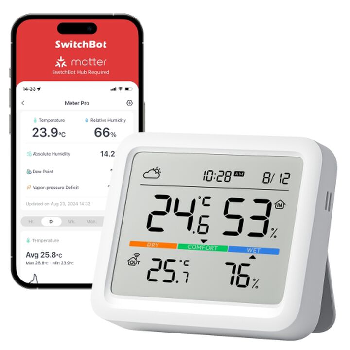 SwitchBot Termómetro Higrometro, Medidor de Humedad Interior por Bluetooth para el Hogar, Sensor de Temperatura con Control por App, Gran Pantalla LCD, Alertas de Notificación, Exportación de 2 Años de Almacenamiento de Datos.