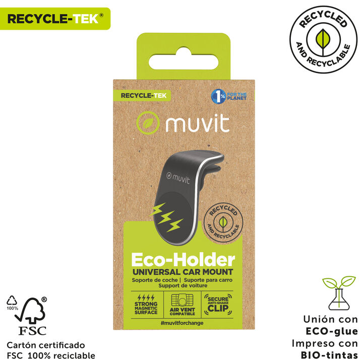 Soporte de coche universal "muvit for change", para poner en la rejilla del aire acondicionado y con im&aacute;n para sujetar el m&oacute;vil, uso rotativo 360&ordm; y fabricado con pl&aacute;stico reciclado de origen certificado. 

Se presenta en un embalaje respetuoso con el medio ambiente, libre de pl&aacute;sticos. 100% reciclable, certificado FSC, uso de pegamento y tinta de origen vegetal. 

En muvit for change nos comprometemos a donar el 1% de los ingresos para el planeta*.