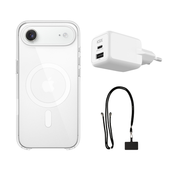 <p>El pack KSIX para iPhone Air re&uacute;ne tres accesorios esenciales para proteger, cargar y llevar tu smartphone con total comodidad en el d&iacute;a a d&iacute;a. Incluye una funda transparente Flex MagCharge compatible con carga magn&eacute;tica, un cargador GaN de 30W con carga r&aacute;pida y un colgante universal con tarjeta adaptadora. Una soluci&oacute;n pr&aacute;ctica pensada para mantener tu iPhone protegido, siempre con bater&iacute;a y a mano mientras te mueves por la ciudad, viajas o trabajas.</p>