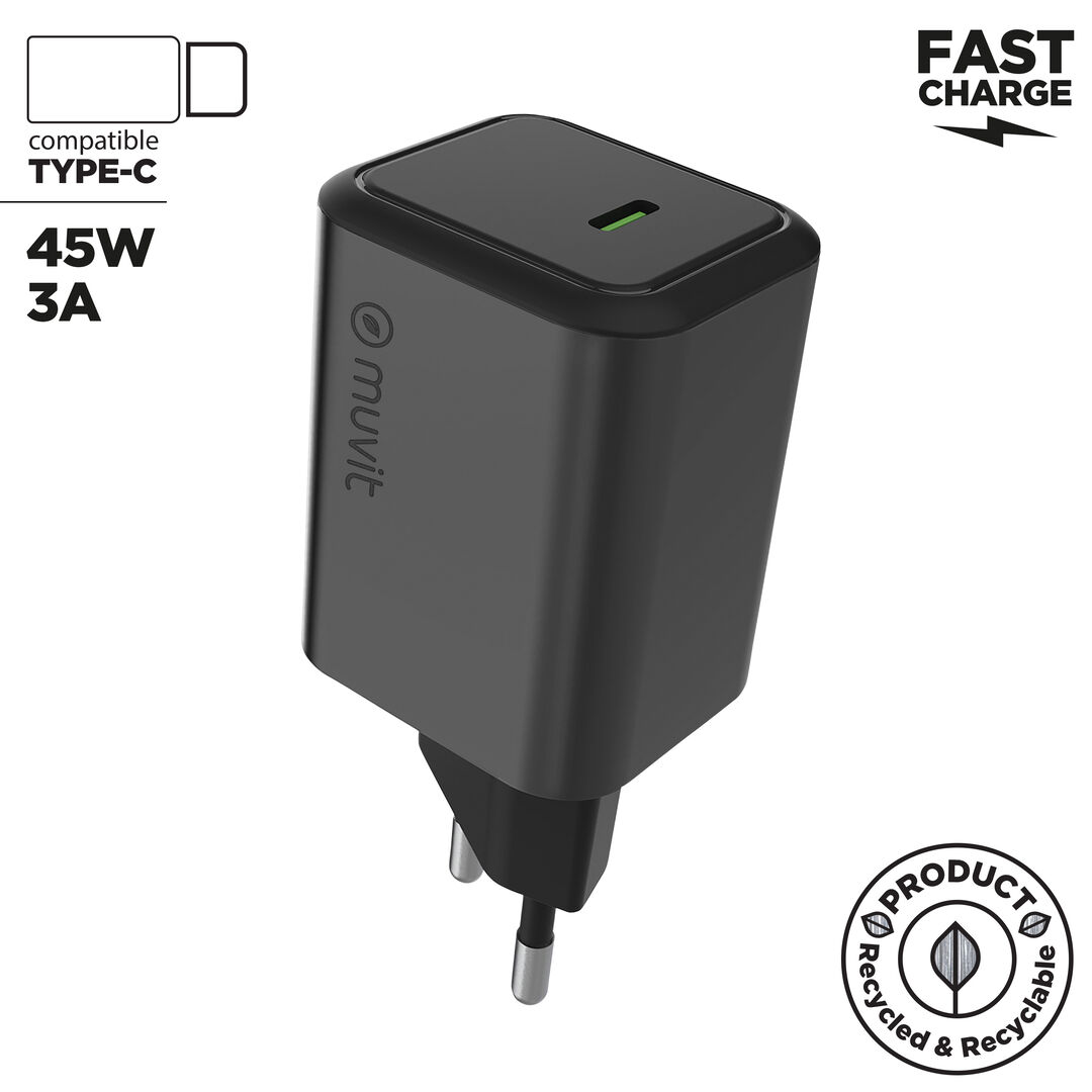Cargador de pared Tipo C PD 45W, elegante y ultracompacto, perfecto para cargar port&aacute;tiles, tablets y smartphones de forma r&aacute;pida ysegura. Fabricado en aluminio reciclado con dise&ntilde;o premium y embalaje 100%reciclable. Potencia, estilo y sostenibilidad en un solo accesorio.