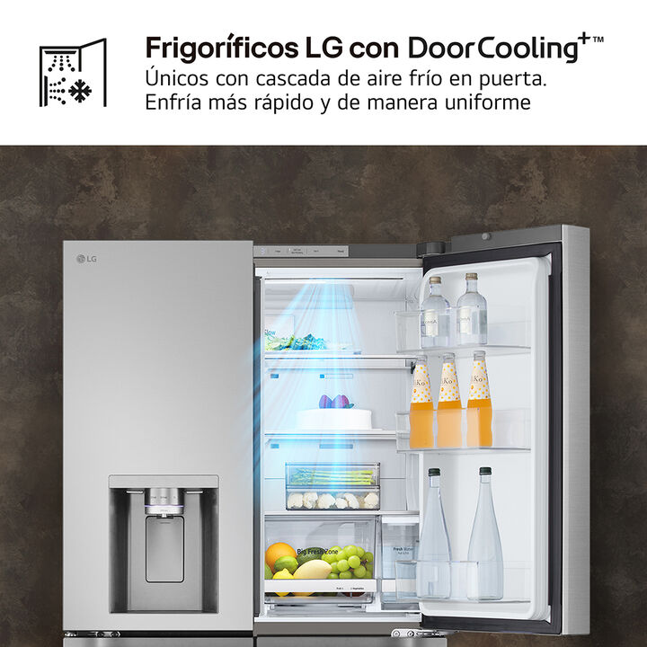 Frigor&iacute;fico americano de 4 puertas con 646 litros, InstaView, DoorCooling+, LinearCooling, UVnano y dispensador de agua y hielo con dep&oacute;sito interno. Clase energ&eacute;tica E y dise&ntilde;o inox antihuellas.