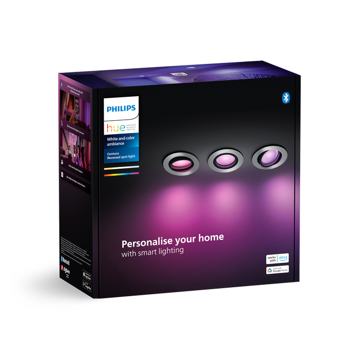 <p>Pack Triple Empotrable de techo HUE Centura.</p>
<p>Bridge NO&nbsp;incluido.</p>
<p>Dimmer Switch NO incluido.</p>
<p>Bombilla incluida.</p>
<p>Controlable por Wifi &amp; Bluetooth.</p>
<p>Crea el ambiente perfecto con Hue Centura, que ofrece 16 millones de colores. Ideal para el sal&oacute;n y el dormitorio. Contr&oacute;lalo por Bluetooth al instante en una sala o empar&eacute;jalo con un Hue Bridge para disfrutar de toda una variedad de funciones de iluminaci&oacute;n inteligente.</p>
<ul style="list-style-type: circle;">
<li><strong>Casquillo:</strong>&nbsp;GU10</li>
<li><strong>Voltaje (V):&nbsp;</strong>230V</li>
<li><strong>Consumo (W):</strong>&nbsp;5,7W</li>
<li><strong>Luminosidad (LM):</strong>&nbsp;350lm</li>
<li><strong>Horas duraci&oacute;n:&nbsp;</strong>15.000h</li>
<li><strong>Di&aacute;metro (mm):</strong>&nbsp;90</li>
<li><strong>Altura empotrada (mm):&nbsp;</strong>100</li>
<li><strong>&Aacute;ngulo apertura:</strong>&nbsp;45&ordm;</li>
<li><strong>Regulable:</strong>&nbsp;SI</li>
<li><strong>Cambio de Color RGBW:</strong>&nbsp;SI</li>
</ul>