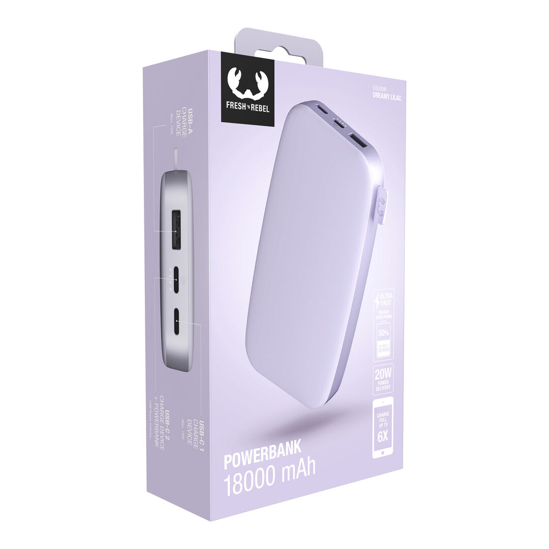 Nuestros últimos Powerbanks tienen un diseño suave y, gracias a la función de carga rápida, son más rápidos que nunca. Con 20W Power Delivery sus dispositivos estarán listos para funcionar antes de que se de cuenta. El Powerbank 18000 mAh puede cargar su teléfono hasta 6 veces y su tablet hasta 3 veces. 

· Carga ultrarrápida con suministro de energía de 20 W 

· Carga hasta el 50% en 30 min 

· 6 características de seguridad 

· Aprobado para avión