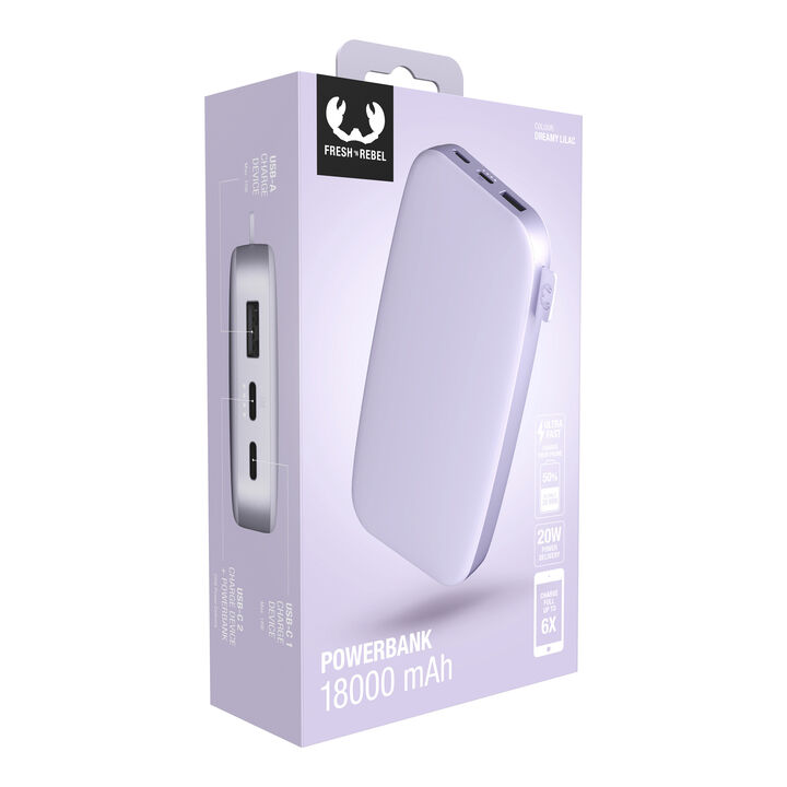 Nuestros últimos Powerbanks tienen un diseño suave y, gracias a la función de carga rápida, son más rápidos que nunca. Con 20W Power Delivery sus dispositivos estarán listos para funcionar antes de que se de cuenta. El Powerbank 18000 mAh puede cargar su teléfono hasta 6 veces y su tablet hasta 3 veces. 

· Carga ultrarrápida con suministro de energía de 20 W 

· Carga hasta el 50% en 30 min 

· 6 características de seguridad 

· Aprobado para avión