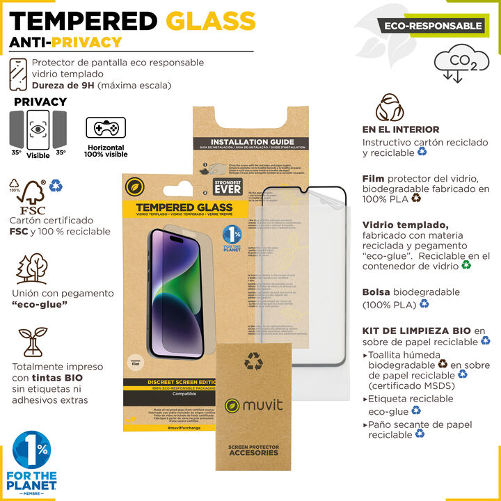 &iexcl;Cuida tu dispositivo y contribuye a cuidar el planeta! Nuestro protector de pantalla eco responsable muvit for change, aporta protecci&oacute;n extra a la pantalla de tu Smartphone sin perder la sensibilidad al tacto. De alta resistencia a impactos y ara&ntilde;azos con una dureza de 9H (m&aacute;xima escala), evitar&aacute; la rotura de tu pantalla ante un golpe o ca&iacute;da. Su tratamiento oleo f&oacute;bico, repele agua, grasa y suciedad. En muvit for change nos comprometemos a donar el 1% de los ingresos para el planeta*.