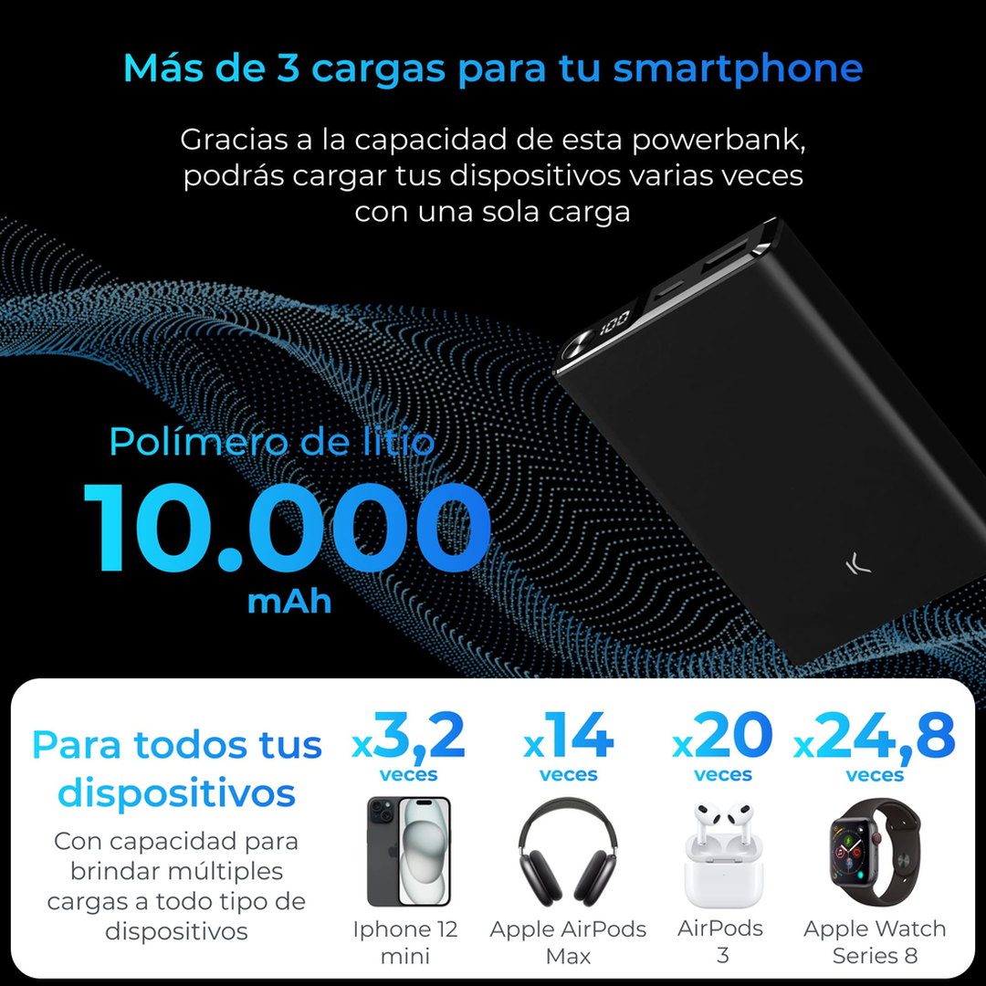 La powerbank magn&eacute;tica KSIX de 10.000 mAh es la soluci&oacute;n perfecta para cargar todos tus dispositivos sin importar d&oacute;nde est&eacute;s. Con carga magn&eacute;tica compatible con MagSafe&reg;, un puerto USB-C Power Delivery de 20 W y un puerto USB-A Quick Charge 3.0 de 22,5 W. Una powerbank con indicador LED dise&ntilde;ada especialmente para brindarte cargas de la manera m&aacute;s c&oacute;moda posible y en cualquier lugar. Incluye un cable USB-A a USB-C de 30 cent&iacute;metros de longitud.