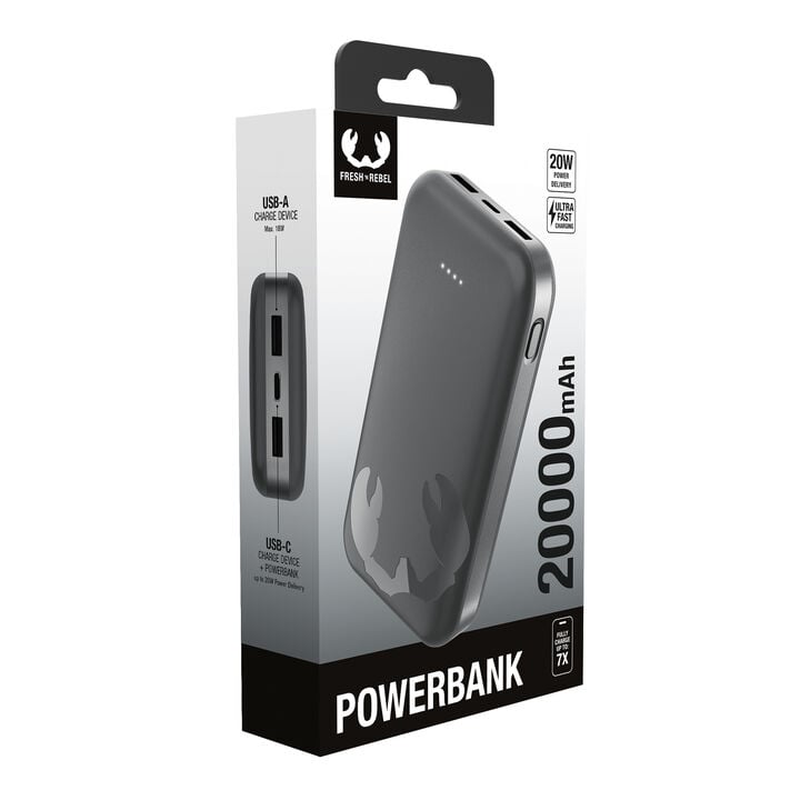 Powerbank 20000 mAh
Bater&iacute;a recargable de bolsillo
Mant&eacute;n tus dispositivos cargados y tu estilo a punto. El Powerbank de 10000 mAh es lo suficientemente delgada como para caber en cualquier bolsillo, proporcionando la m&aacute;xima potencia para cuando est&aacute;s en movimiento. Carga tu tel&eacute;fono hasta 3 veces y disfruta de velocidades de carga 2,5 veces m&aacute;s r&aacute;pidas con Power Delivery de 20 W.
La Powerbank 20000 mAh dura m&aacute;s que cualquier aventura. Carga tu tel&eacute;fono hasta 7 veces y con 20W Power Delivery, esta Powerbank es m&aacute;s r&aacute;pida que nunca. El dise&ntilde;o suave y los bordes curvos te mantienen cargado con estilo. 
 Carga ultrarr&aacute;pida con Power Delivery de 20 W
 Carga hasta el 50 % en 30 min
 Aprobado por aerol&iacute;neas
 Carga tu tel&eacute;fono hasta 7 veces