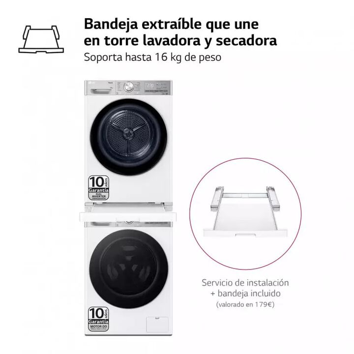 Torre de lavado y secado LG 13 kg de lavadora y 10 kg de secadora, con IA DD