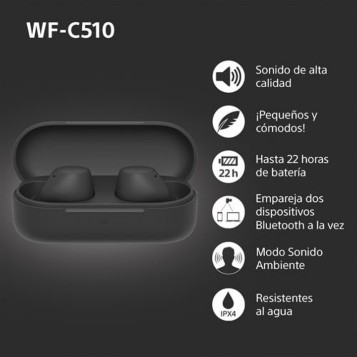<p>Tras décadas de experiencia en audio de Sony, los auriculares WF-C510 están diseñados para ofrecer alta calidad de sonido para todo tipo de música.</p>