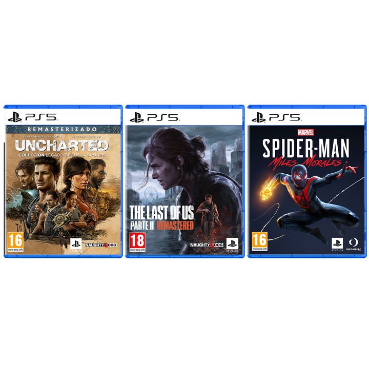 Pack de 3 videojuegos de PS5, The Last Of Us 2 remasterizado, Marvel's Spider-Man Miles Morales, Uncharted: legado de los ladrones.