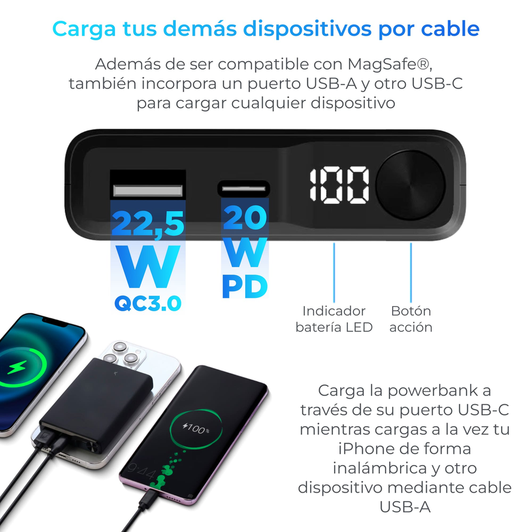 La powerbank magn&eacute;tica KSIX de 10.000 mAh es la soluci&oacute;n perfecta para cargar todos tus dispositivos sin importar d&oacute;nde est&eacute;s. Con carga magn&eacute;tica compatible con MagSafe&reg;, un puerto USB-C Power Delivery de 20 W y un puerto USB-A Quick Charge 3.0 de 22,5 W. Una powerbank con indicador LED dise&ntilde;ada especialmente para brindarte cargas de la manera m&aacute;s c&oacute;moda posible y en cualquier lugar. Incluye un cable USB-A a USB-C de 30 cent&iacute;metros de longitud.