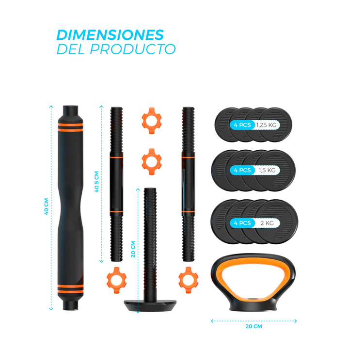 <p>El kit incluye varios discos de distintos pesos, juntamente con barras y soportes para pesas rusas, permitiendo personalizar todo tu equipo. Se pueden montar mancuernas, pesas rusas, barras con pesas y agarres para hacer flexiones.</p>