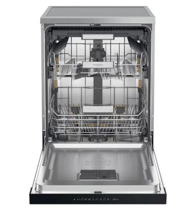 Lavavajillas Whirlpool W7F HP43 X de libre instalaci&oacute;n con acabado inoxidable, capacidad para 15 servicios, 10 programas de lavado, tercera bandeja para cubiertos, tecnolog&iacute;a 6th Sense PowerClean Pro, sistema de secado NaturalDry y clasificaci&oacute;n energ&eacute;tica C.