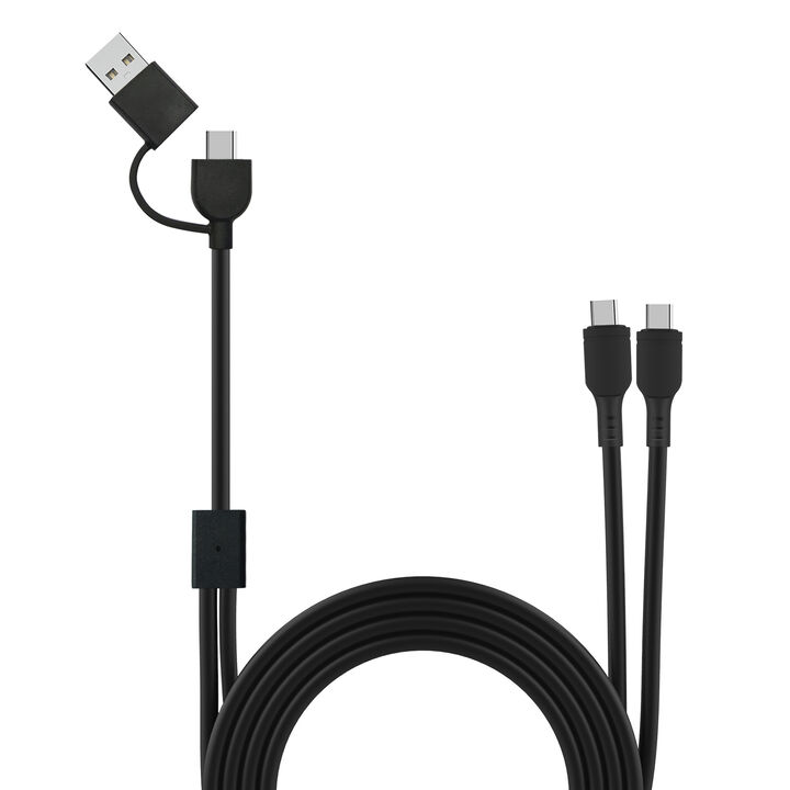 Carga y transfiere datos entre tus dispositivos con la nueva gama de cables y cargadores de muvit for change y contribuye a hacer del planeta un lugar mejor. 

Cable para carga y transferencia de datos con conector Tipo C + Tipo A a doble cable Tipo C, 3A transferencia r&aacute;pida, 1.2m de longitud, en color negro, 100% reciclable y fabricado con pl&aacute;stico 100% reciclado de origen certificado RCS - RECYCLED CLAIM STANDARD.&nbsp; 

En muvit for change nos comprometemos a donar el 1% de los ingresos para el planeta*.&nbsp;
