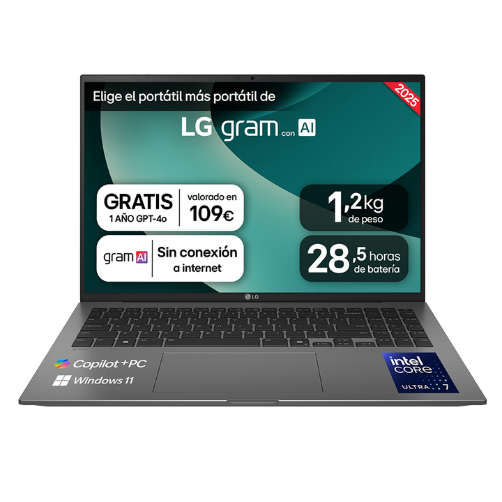 Port&aacute;til 16" LG gram - 16Z90TL, Windows 11, Intel&reg; Core&trade; Lunar Lake, 32 GB RAM, 1 TB SSD, Panel IPS WQXGA (2560x1600), Ligero 1,2kg, 28,5 h, Negro