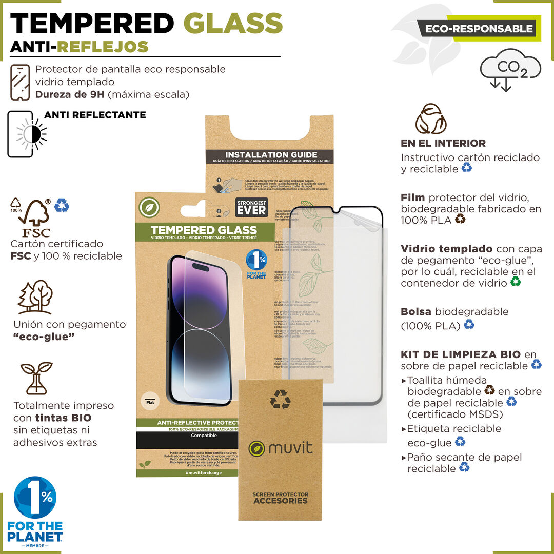 &iexcl;Cuida tu dispositivo y contribuye a cuidar el planeta! Nuestro protector de pantalla eco responsable muvit for change, aporta protecci&oacute;n extra a la pantalla de tu Smartphone sin perder la sensibilidad al tacto. De alta resistencia a impactos y ara&ntilde;azos con una dureza de 9H (m&aacute;xima escala), evitar&aacute; la rotura de tu pantalla ante un golpe o ca&iacute;da. Su tratamiento oleo f&oacute;bico, repele agua, grasa y suciedad. En muvit for change nos comprometemos a donar el 1% de los ingresos para el planeta*.
