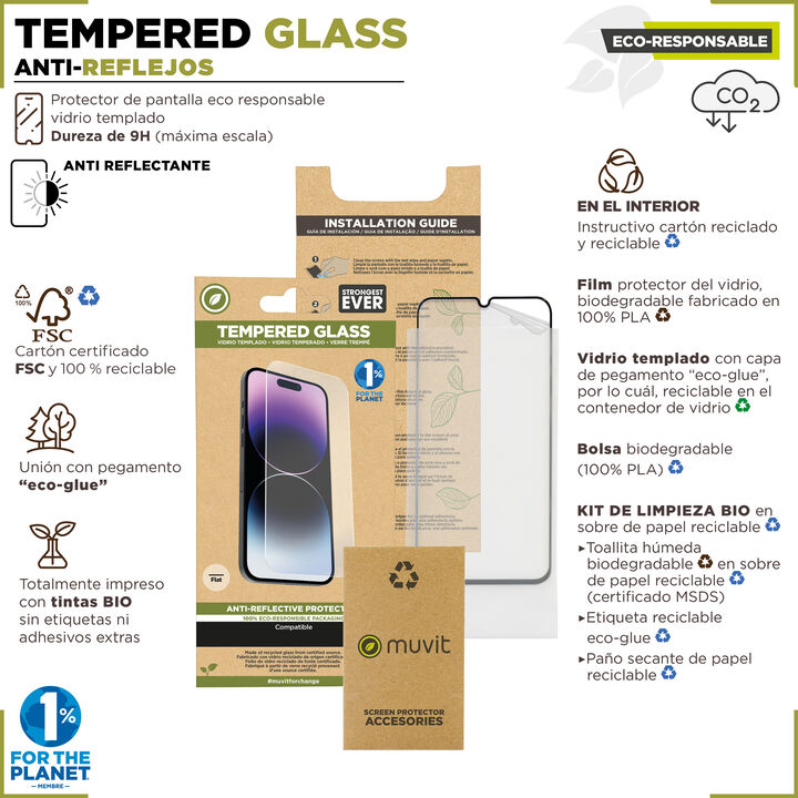 &iexcl;Cuida tu dispositivo y contribuye a cuidar el planeta! Nuestro protector de pantalla eco responsable muvit for change, aporta protecci&oacute;n extra a la pantalla de tu Smartphone sin perder la sensibilidad al tacto. De alta resistencia a impactos y ara&ntilde;azos con una dureza de 9H (m&aacute;xima escala), evitar&aacute; la rotura de tu pantalla ante un golpe o ca&iacute;da. Su tratamiento oleo f&oacute;bico, repele agua, grasa y suciedad. En muvit for change nos comprometemos a donar el 1% de los ingresos para el planeta*.