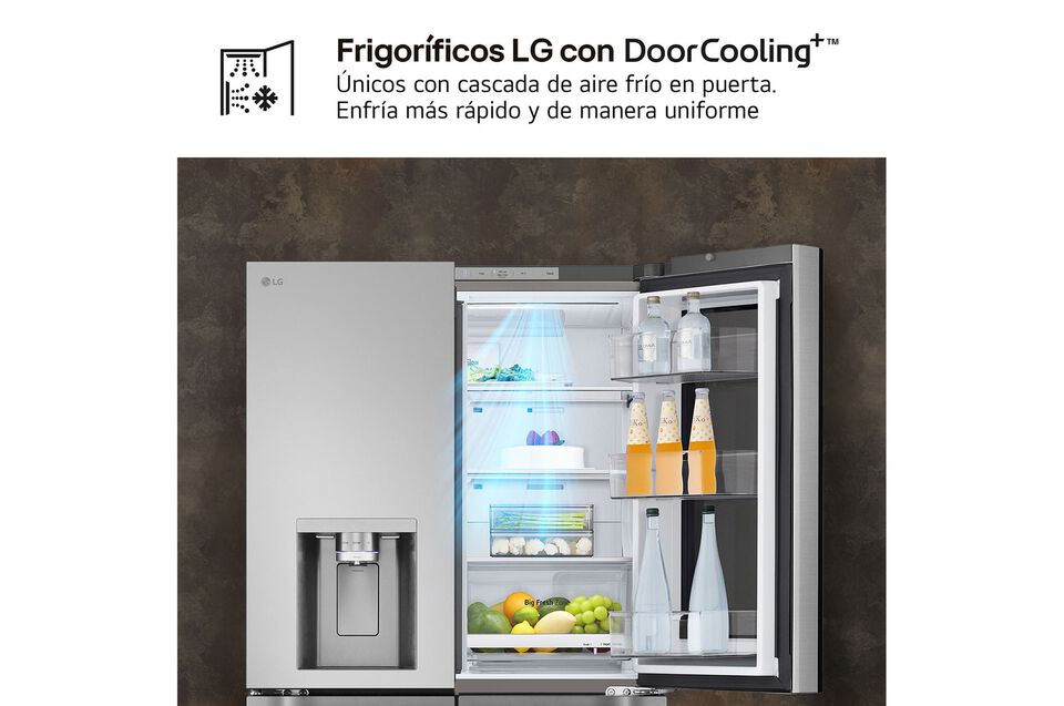 Frigor&iacute;fico americano de 4 puertas con 646 litros, InstaView, DoorCooling+, LinearCooling, UVnano y dispensador de agua y hielo. Clase energ&eacute;tica E y dise&ntilde;o inox antihuellas.