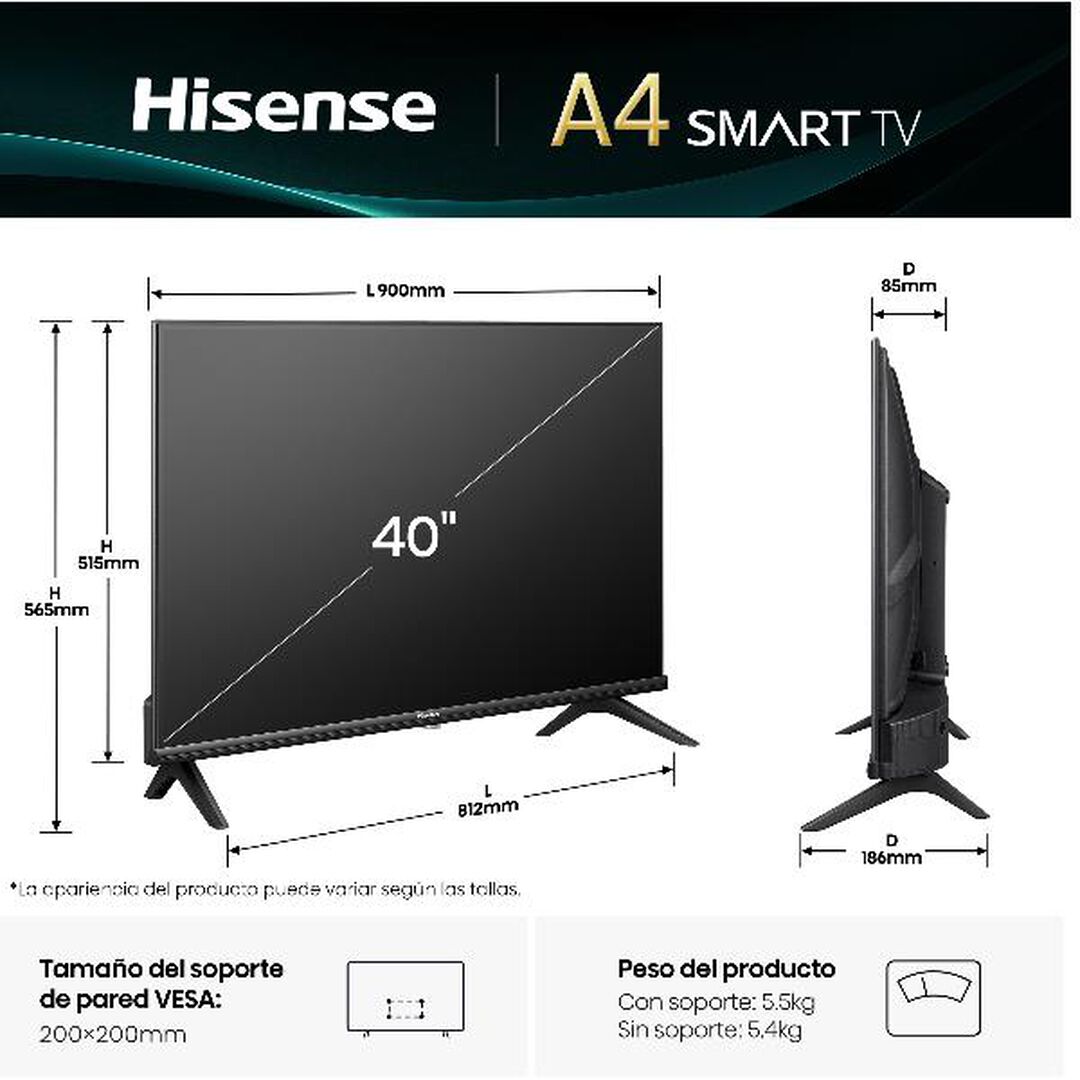 Smart TV 40A4Q HD 40 pulgadas, Serie A4Q. Tevisión con Modo Juego
Deportes IA, Sonido Dolby DTS HD, Alto contraste, VIDAA U6, función compartir en el televisor, DVB - T2, Auto ordenación de los canales TDT