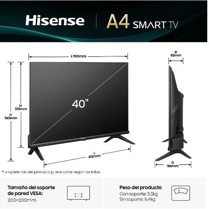 Smart TV 40A4Q HD 40 pulgadas, Serie A4Q. Tevisión con Modo Juego
Deportes IA, Sonido Dolby DTS HD, Alto contraste, VIDAA U6, función compartir en el televisor, DVB - T2, Auto ordenación de los canales TDT