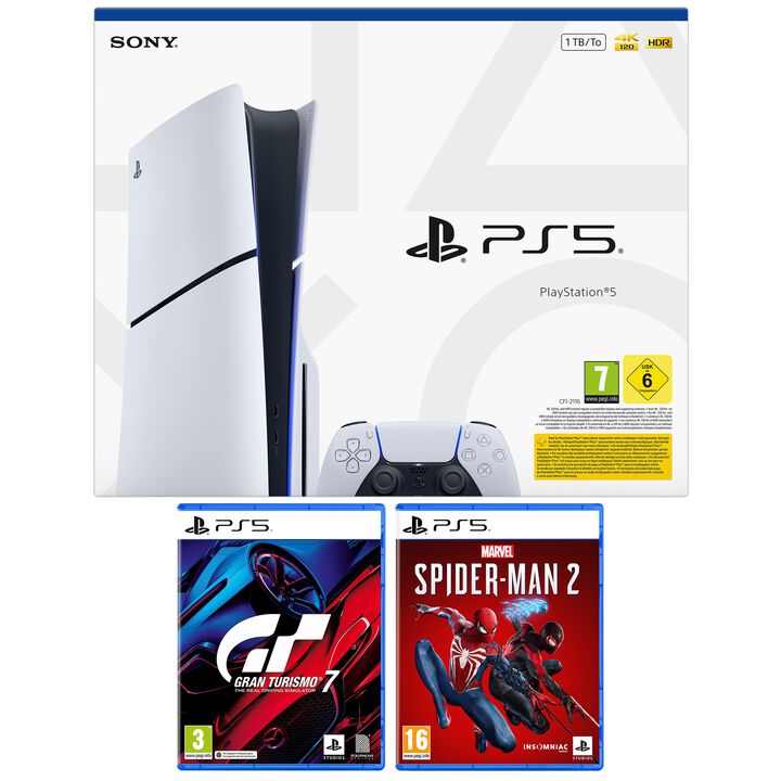 Pack PS5 DISCO 1Tb (CFI-2116 Slim Chasis E) + Gran Turismo 7 PS5 + 
Marvel's Spider-Man 2 PS5