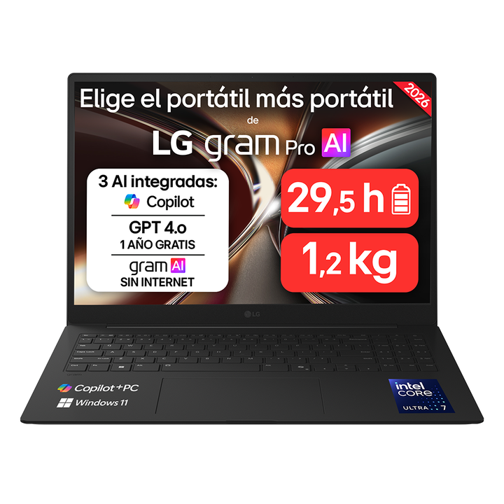 <p>Port&aacute;til ultraligero LG gram Pro de 16", procesador Intel&reg; Core&trade; Ultra 7 355, 32 GB RAM, 512 GB SSD, hasta 27.5  horas de autonom&iacute;a, 1.239 g de peso, color Negro carb&oacute;n, Windows 11 Home. Modelo 16Z90U-G.AU85BN.</p>