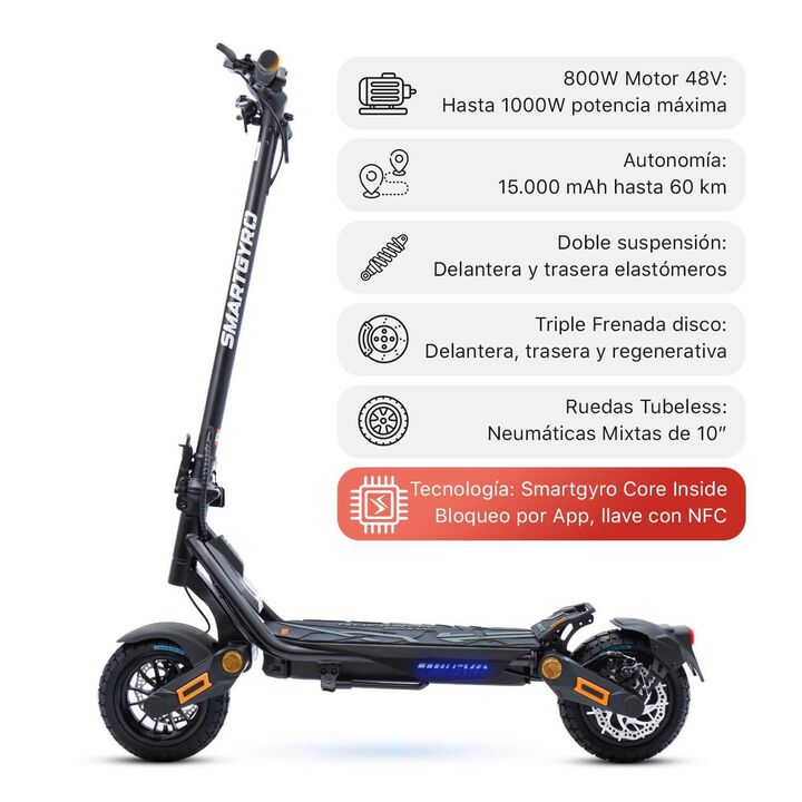 Patinete eléctrico certificado 1000w 48V,15.000 mAh,60 km autonomía, ruedas 10"neumáticas tubeless,doble suspensión por elastómeros,triple frenada,intermitentes y APP compatible Smart Core.