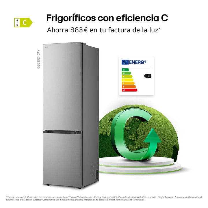 Frigor&iacute;fico Combi LG GBBS524CPY, 375L, No Frost, DoorCooling+, Inox antihuellas, Clase C
