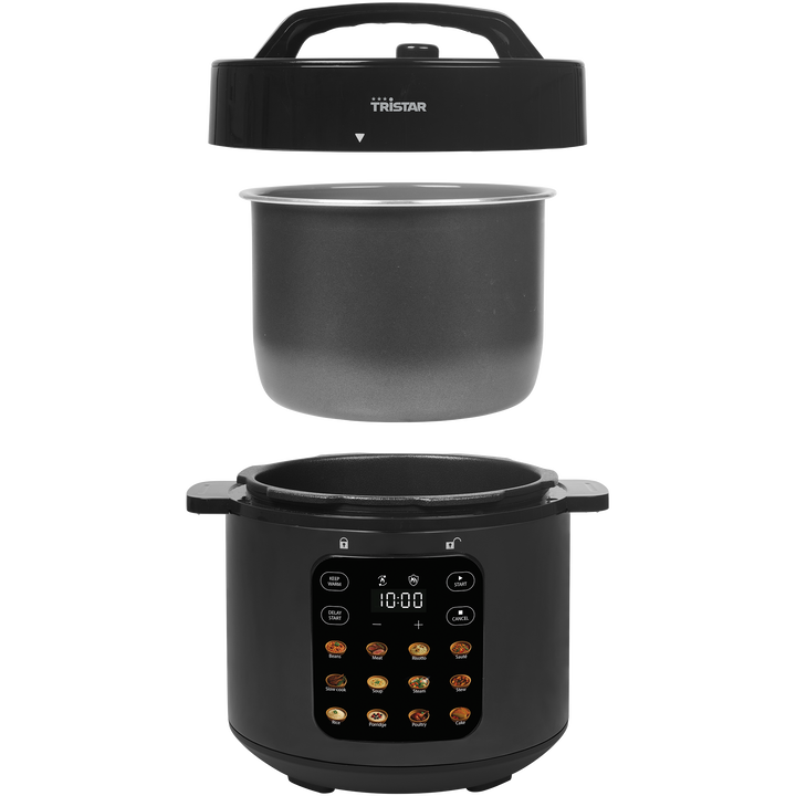 Presentamos la Olla a Presi&oacute;n Tristar RK-6160, un elemento esencial en la cocina para comidas r&aacute;pidas y deliciosas. Con un volumen de 6L y un potente motor de 1000W, esta olla a presi&oacute;n est&aacute; dise&ntilde;ada para simplificar tu experiencia culinaria. Con 12 programas preestablecidos y una pantalla t&aacute;ctil f&aacute;cil de usar, prepara sin esfuerzo tus platos favoritos mientras conserva los nutrientes y sabores.