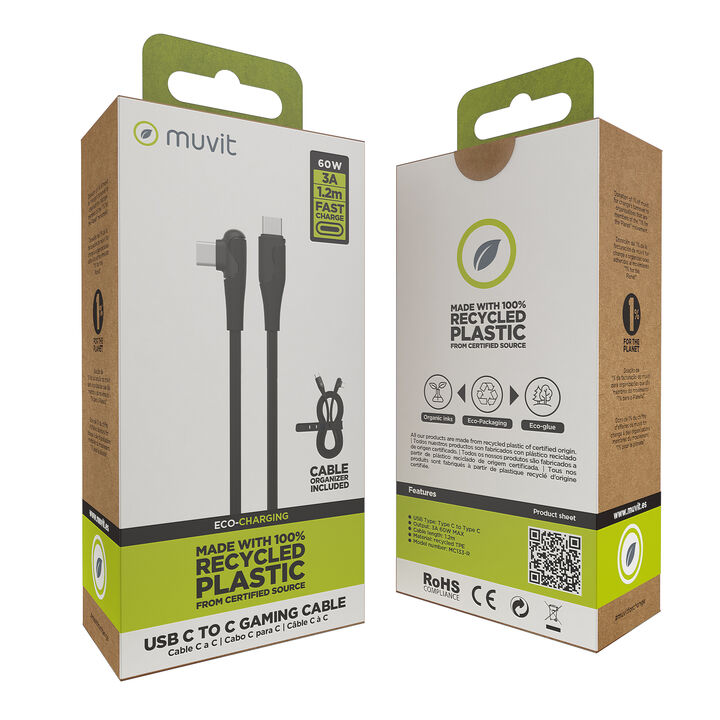 Carga y transfiere datos entre tus dispositivos con la nueva gama de cables y cargadores de muvit for change y contribuye a hacer del planeta un lugar mejor. 

Juega con tu smartphone mientras lo cargas sin preocupaciones. Con este cable para carga y transferencia de datos con conector Tipo C a Tipo C, 3A transferencia r&aacute;pida, 1.2m de longitud, en color negro, 100% reciclable y fabricado con&nbsp;materiales&nbsp;reciclados de origen certificado&nbsp;RCS - RECYCLED CLAIM STANDARD.&nbsp; 

En muvit for change nos comprometemos a donar el 1% de los ingresos para el planeta*.&nbsp;