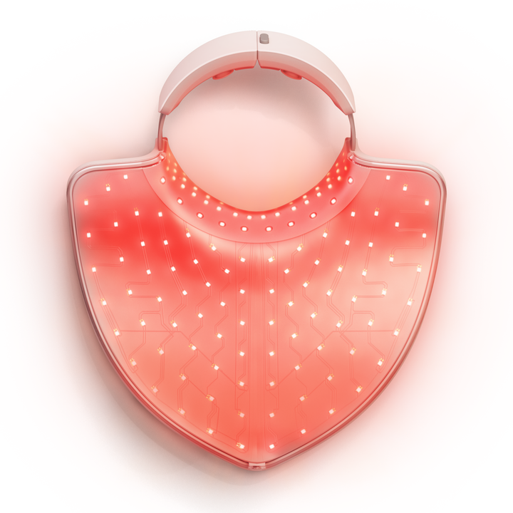 Dispositivo de fototerapia LED para el cuidado de la piel del cuello, escote y mand&iacute;bula. Utiliza luz roja e infrarroja, adem&aacute;s de incorporar masaje por vibraci&oacute;n y calor en el cuello.