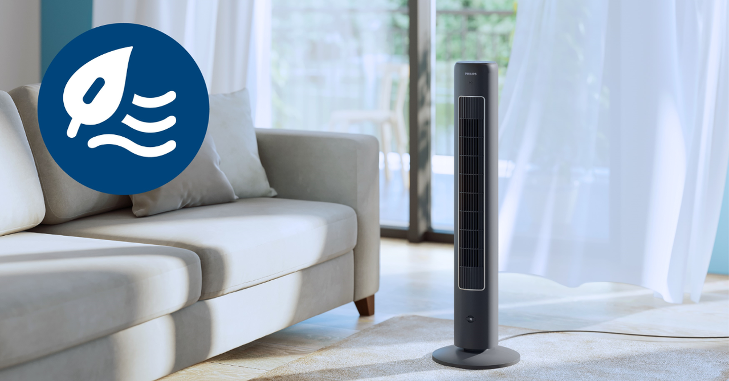 Ventilador de Torre Serie 5000. Diseño fino y elegante, con altura de 105cm * 3 modos de ventilación * Ventilación potente y silenciosa* Largo alcance de ventilación *  Oscilación 60º * Pantalla táctil y mando a distancia* Difusor de aromas integrado * Bloqueo para niños * Temporizador automático * Fácil de transportar