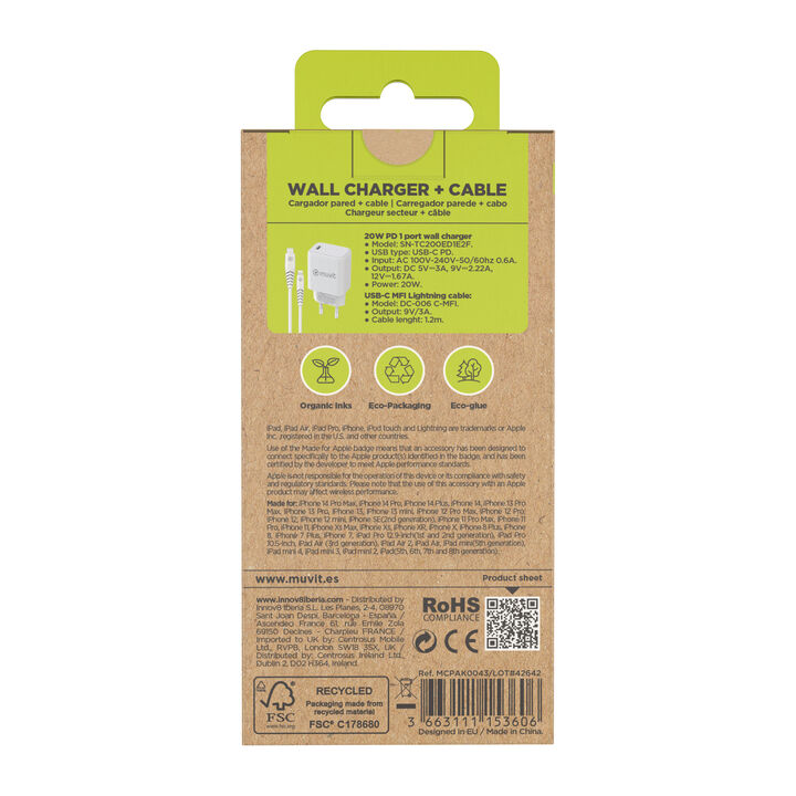 &iexcl;Carga y transfiere datos entre tus dispositivos y contribuye a cuidar el planeta! 

Pack muvit for Change que incluye un cargador de pared con clavija europea de un elegante dise&ntilde;o patentado. Est&aacute; fabricado con material reciclado y pensado en 2 piezas para facilitar su reciclaje al final de su vida &uacute;til. Dispone de 1 puerto USB tipo C de 20W de potencia m&aacute;s un cable para carga y transferencia de datos con conector tipo C a lightning 3A,&nbsp;para proporcionarte una carga m&aacute;s r&aacute;pida. Compatible con cualquier iPhone (a partir de iPhone 5). 1,2m de longitud, en color&nbsp;blanco&nbsp;y 100% reciclable. 

En muvit for change nos comprometemos a donar el 1% de los ingresos para el planeta*.