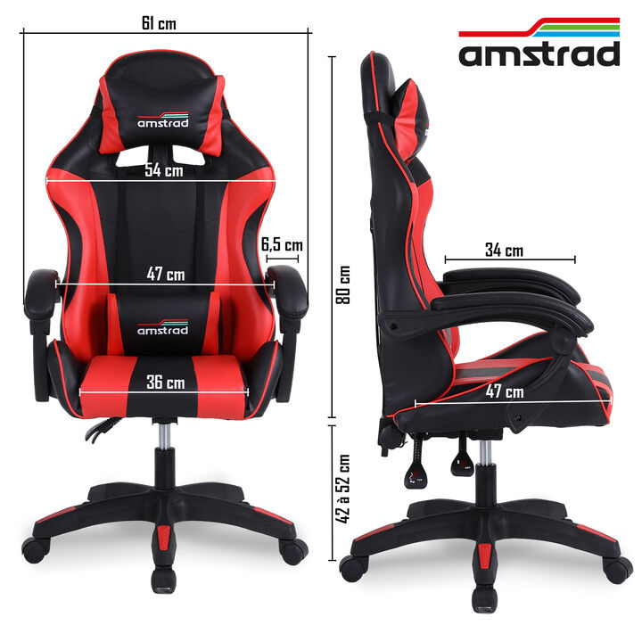 <!DOCTYPE html>
<html lang="es">
<head>
  <meta charset="UTF-8">
  <title>Amstrad AMS-800-RED - Silla Gaming</title>
  <style>
    body {
      font-family: Arial, sans-serif;
      max-width: 600px;
      margin: 40px auto;
      color: #222;
    }

    h2 {
      color: #cc0000;
      margin-bottom: 10px;
    }

    .descripcion {
      background-color: #f9f9f9;
      border-left: 4px solid #cc0000;
      padding: 12px 16px;
      margin-bottom: 20px;
      line-height: 1.6;
    }

    table {
      width: 100%;
      border-collapse: collapse;
    }

    table tr:nth-child(even) {
      background-color: #f5f5f5;
    }

    table td {
      padding: 8px 12px;
      border-bottom: 1px solid #ddd;
    }

    table td:first-child {
      font-weight: bold;
      width: 55%;
    }
  </style>
</head>
<body>

  <h2>Amstrad AMS-800-RED &mdash; Silla Gaming Negro & Rojo</h2>

  <div class="descripcion">
    Amstrad te ofrece su silla AMS-800-RED en negro y rojo, con coj&iacute;n lumbar incluido.
  </div>

  <h2>Especificaciones</h2>

  <table>
    <tr>
      <td>Colores</td>
      <td>Negro y rojo</td>
    </tr>
    <tr>
      <td>Reposabrazos</td>
      <td>2</td>
    </tr>
    <tr>
      <td>Inclinaci&oacute;n del respaldo</td>
      <td>Hasta 150&deg;</td>
    </tr>
    <tr>
      <td>Coj&iacute;n lumbar y reposacabezas</td>
      <td>Incluidos</td>
    </tr>
    <tr>
      <td>Profundidad</td>
      <td>47 cm</td>
    </tr>
    <tr>
      <td>Ancho del asiento (entre reposabrazos)</td>
      <td>47 cm</td>
    </tr>
    <tr>
      <td>Ancho del respaldo</td>
      <td>54 cm</td>
    </tr>
    <tr>
      <td>Altura del asiento</td>
      <td>De 42 a 52 cm</td>
    </tr>
    <tr>
      <td>Peso m&aacute;ximo soportado</td>
      <td>130 kg</td>
    </tr>
    <tr>
      <td>Peso del producto</td>
      <td>14 kg</td>
    </tr>
    <tr>
      <td>Materiales</td>
      <td>PVC, Espuma, Nylon, Metal, Madera contrachapada</td>
    </tr>
  </table>

</body>
</html>