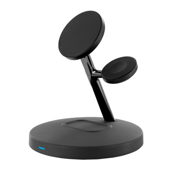 Cargador combinado 3 en 1 de muvit for change. Con este cargador de escritorio podr&aacute;s tener tus dispositivos siempre a punto para usarlos. Este stand permite cargar tu smartphone, tu iWatch y tus auriculares inal&aacute;mbricos a la vez, adem&aacute;s de que al ser magn&eacute;tico y disponer de tecnolog&iacute;a Magsafe, la carga es r&aacute;pida y eficiente. Puedes mantener tu tel&eacute;fono m&oacute;vil magnetizado y seguir us&aacute;ndolo en una posici&oacute;n optima para trabajar, jugar o mirar tus redes sociales o series favoritas, mientras cargas el resto de tus dispositivos.&nbsp; 

En muvit for change nos comprometemos a donar el 1% de los ingresos para el planeta*.&nbsp;