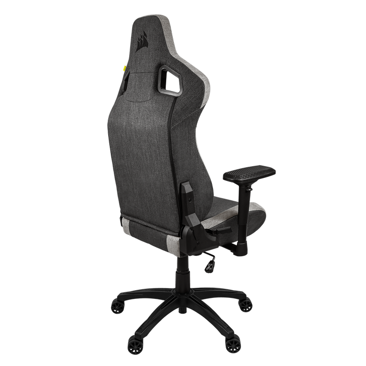 La silla de juegos CORSAIR T3 RUSH combina un diseño inspirado en las carreras y una comodidad contorneada con un exterior de tela suave y transpirable, una almohada cervical acolchada y un soporte lumbar de espuma viscoelástica.
