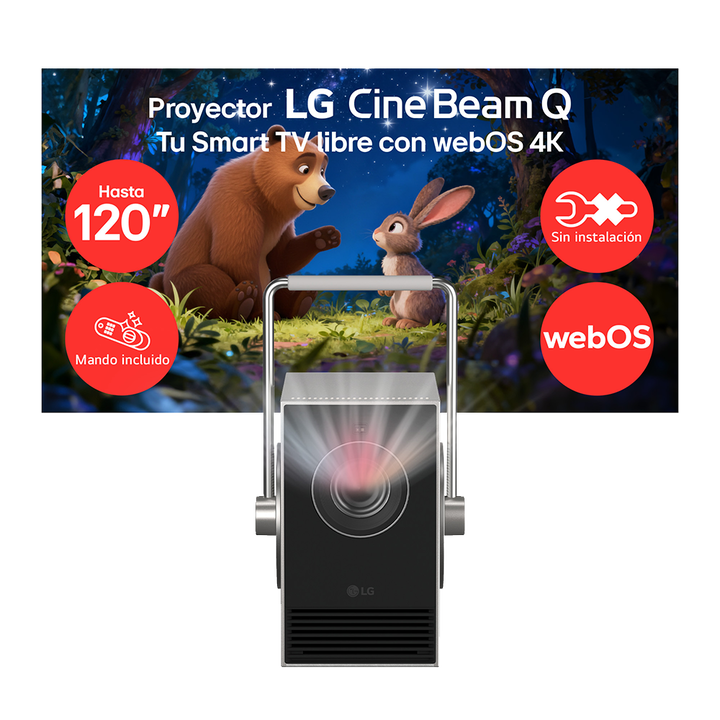 Proyector LG CineBeam Q PU600U, 4K UHD, hasta 120 pulgadas, l&aacute;ser RGB de 600 l&uacute;menes, Smart TV webOS24 y dise&ntilde;o port&aacute;til de 1,49 kg.